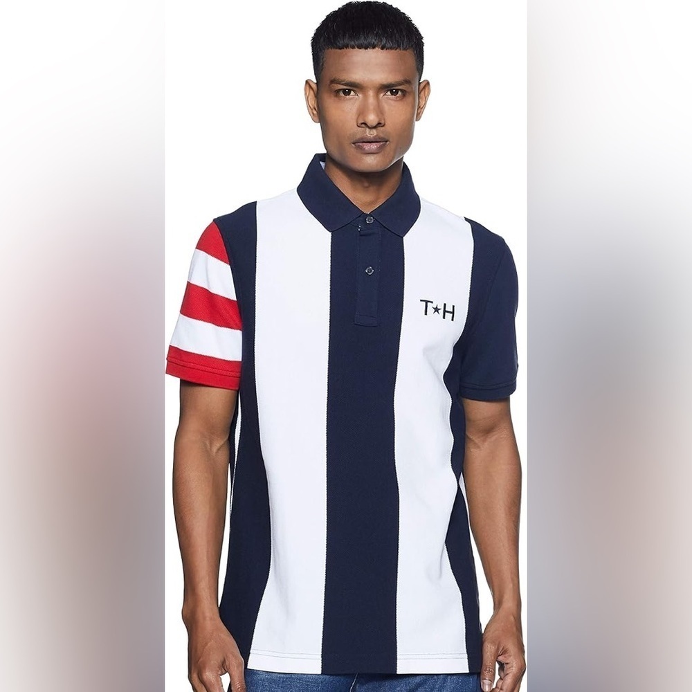 Tommy Hilfiger Men's Navy and Red Striped Flag Polo Shirt Large